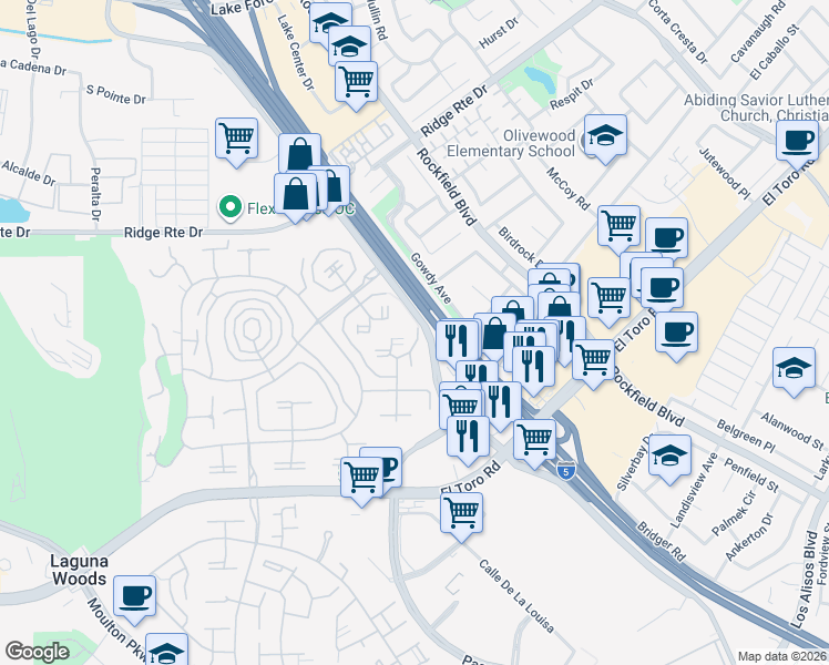 map of restaurants, bars, coffee shops, grocery stores, and more near 2122 Ronda Granada in Laguna Woods