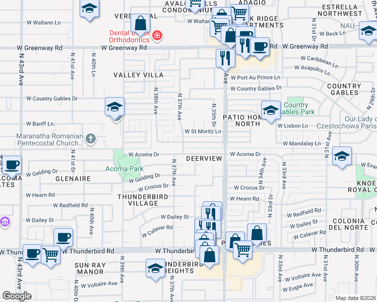 map of restaurants, bars, coffee shops, grocery stores, and more near 3614 West Acoma Drive in Phoenix