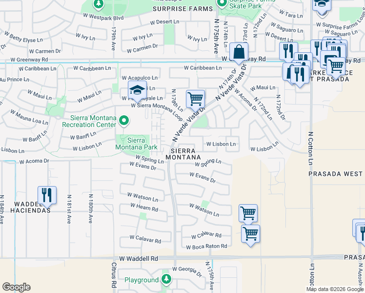 map of restaurants, bars, coffee shops, grocery stores, and more near 17651 West Lisbon Lane in Surprise