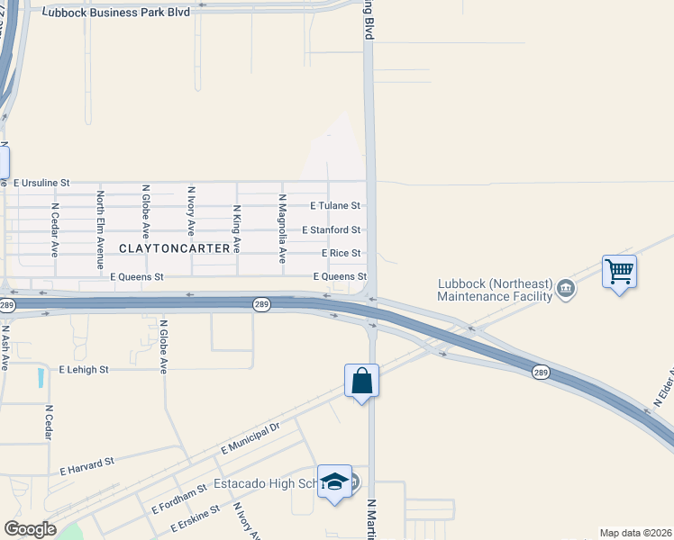 map of restaurants, bars, coffee shops, grocery stores, and more near 1505 E Queens St in Lubbock