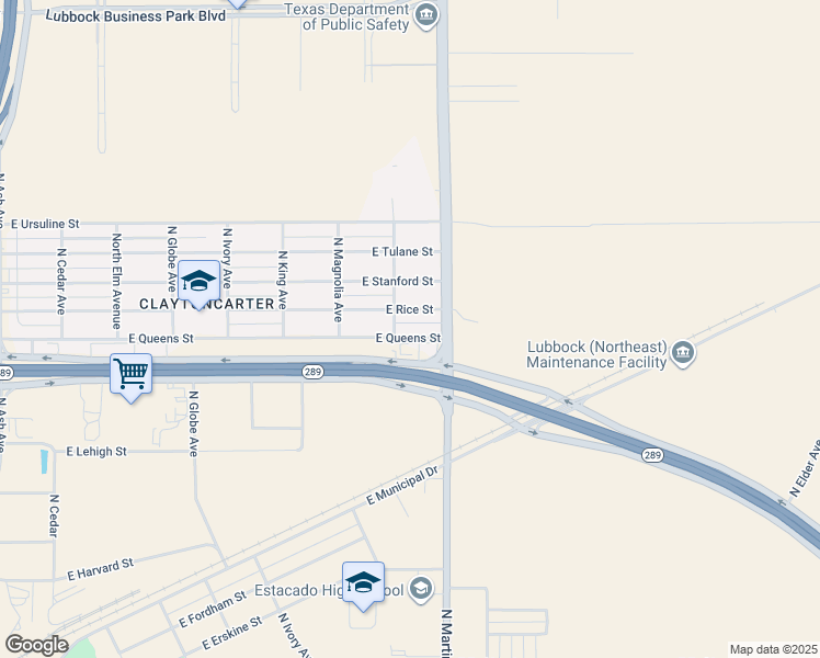 map of restaurants, bars, coffee shops, grocery stores, and more near 1505 E Queens St in Lubbock