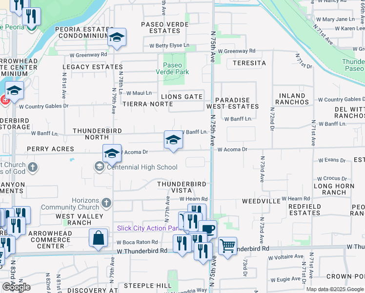 map of restaurants, bars, coffee shops, grocery stores, and more near 7602 West Acoma Drive in Peoria