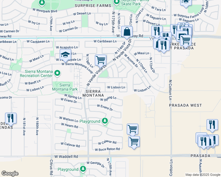 map of restaurants, bars, coffee shops, grocery stores, and more near 17503 West Lisbon Lane in Surprise