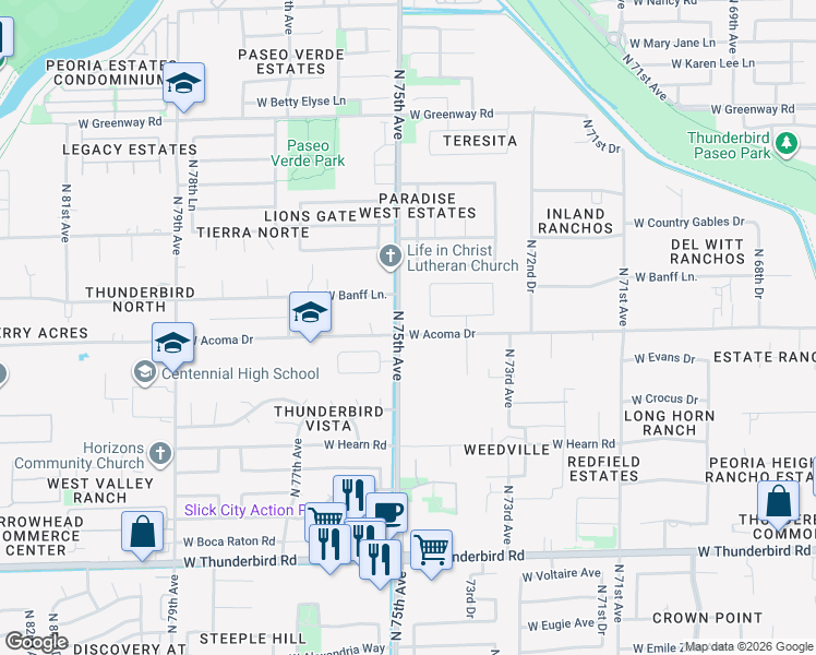 map of restaurants, bars, coffee shops, grocery stores, and more near 14605 North 75th Avenue in Peoria