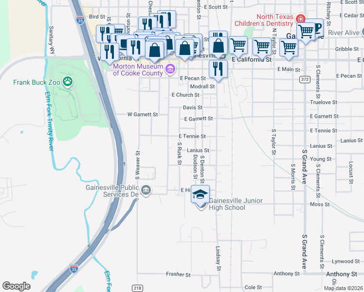 map of restaurants, bars, coffee shops, grocery stores, and more near 715 South Rusk Street in Gainesville