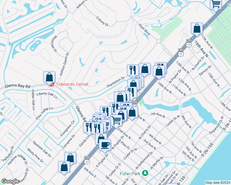 map of restaurants, bars, coffee shops, grocery stores, and more near 2 5th Avenue North in Myrtle Beach