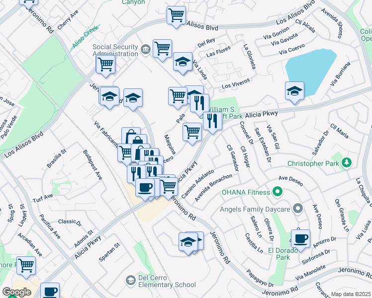 map of restaurants, bars, coffee shops, grocery stores, and more near 26034 Acero in Mission Viejo