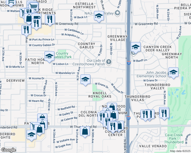 map of restaurants, bars, coffee shops, grocery stores, and more near 2950 West Acoma Drive in Phoenix