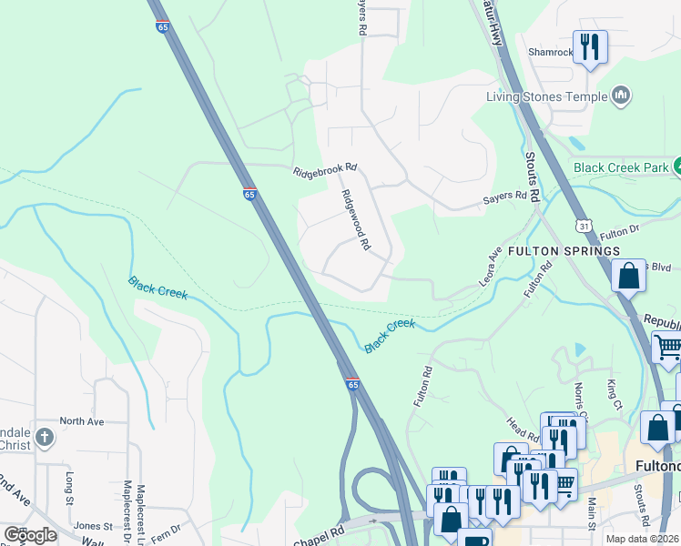map of restaurants, bars, coffee shops, grocery stores, and more near 2104 Ridgebrook Road in Fultondale