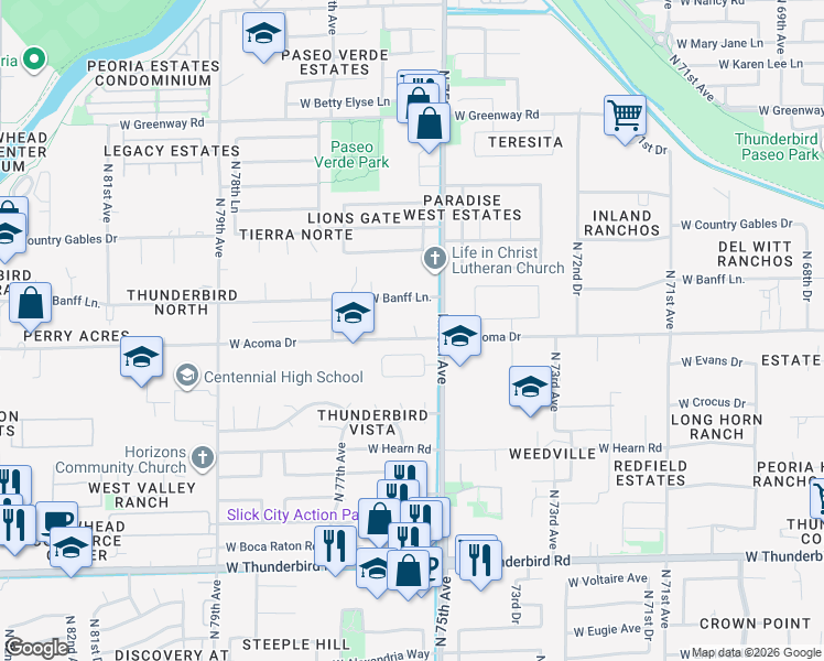 map of restaurants, bars, coffee shops, grocery stores, and more near 7520 West Acoma Drive in Peoria