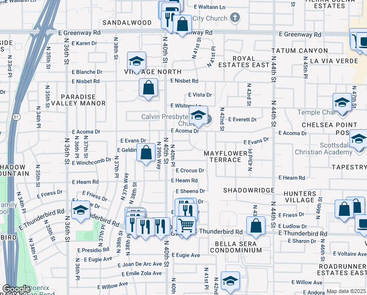 map of restaurants, bars, coffee shops, grocery stores, and more near 4034 East Gelding Drive in Phoenix