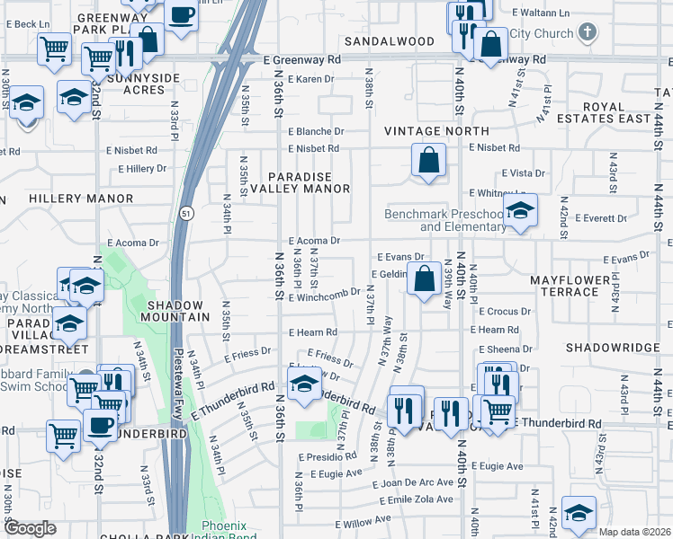 map of restaurants, bars, coffee shops, grocery stores, and more near 3724 E Gelding Dr in Phoenix
