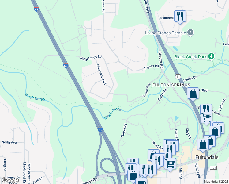 map of restaurants, bars, coffee shops, grocery stores, and more near 2225 Ridgebrook Rd in Fultondale