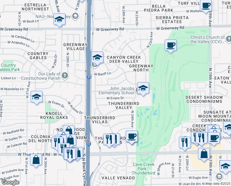map of restaurants, bars, coffee shops, grocery stores, and more near 2427 West Acoma Drive in Phoenix
