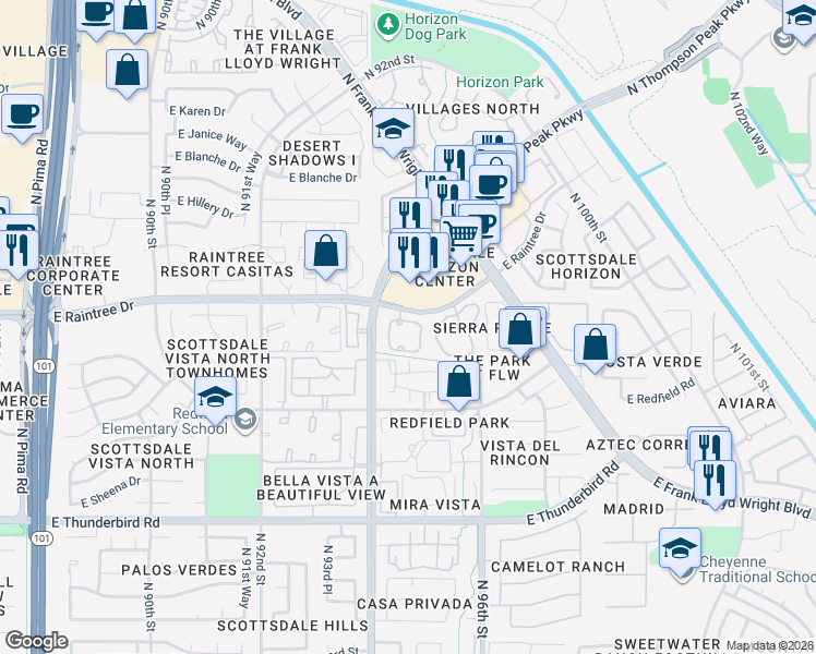 map of restaurants, bars, coffee shops, grocery stores, and more near 9455 East Raintree Drive in Scottsdale
