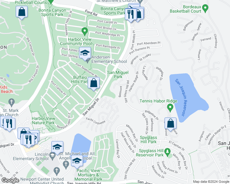 map of restaurants, bars, coffee shops, grocery stores, and more near 2 Hillsborough in Newport Beach