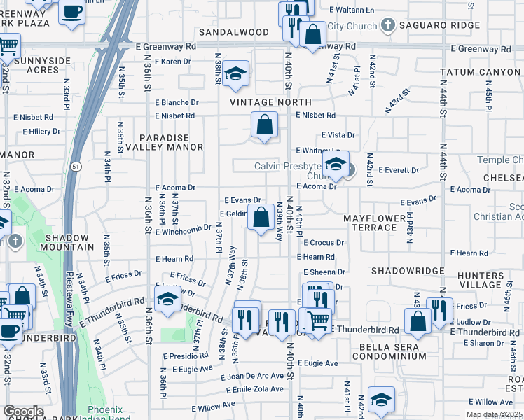 map of restaurants, bars, coffee shops, grocery stores, and more near 3832 East Gelding Drive in Phoenix