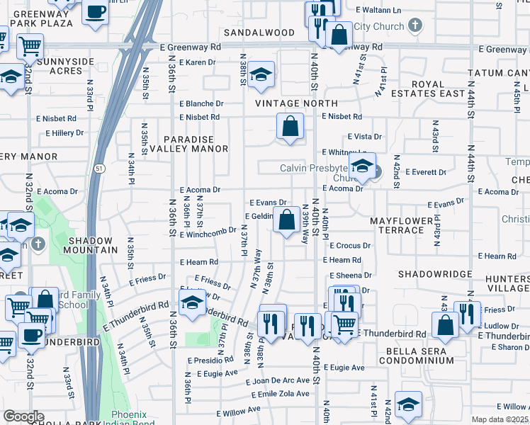 map of restaurants, bars, coffee shops, grocery stores, and more near 3802 East Gelding Drive in Phoenix