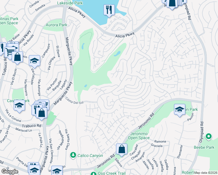 map of restaurants, bars, coffee shops, grocery stores, and more near 27861 Vía Dario in Mission Viejo