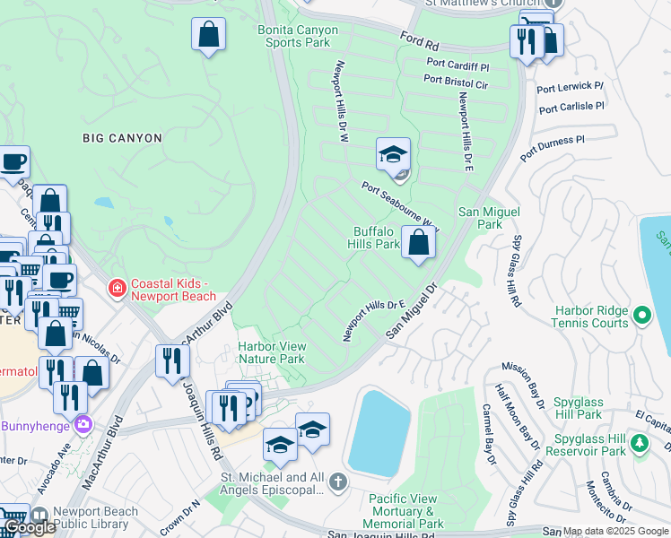 map of restaurants, bars, coffee shops, grocery stores, and more near 1866 Port Carlow Place in Newport Beach