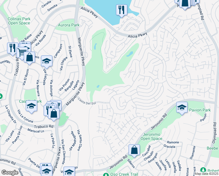 map of restaurants, bars, coffee shops, grocery stores, and more near 27751 Vía Alberti in Mission Viejo