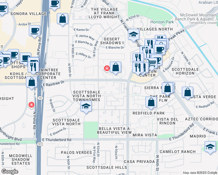 map of restaurants, bars, coffee shops, grocery stores, and more near 9259 East Raintree Drive in Scottsdale