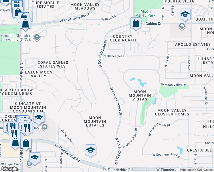map of restaurants, bars, coffee shops, grocery stores, and more near 14436 North Coral Gables Drive in Phoenix