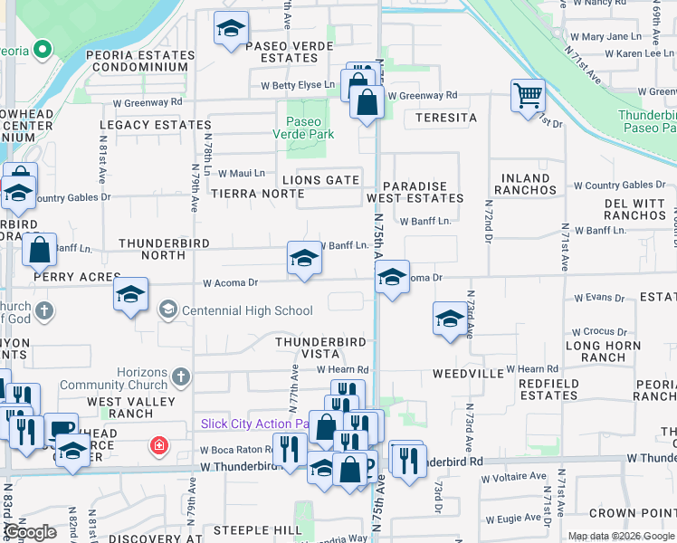 map of restaurants, bars, coffee shops, grocery stores, and more near 7602 West Acoma Drive in Peoria