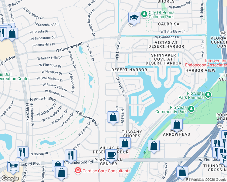 map of restaurants, bars, coffee shops, grocery stores, and more near 9139 West Banff Lane in Peoria