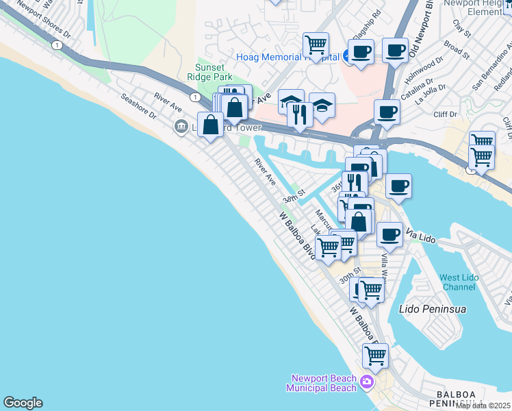 map of restaurants, bars, coffee shops, grocery stores, and more near 124 39th Street in Newport Beach