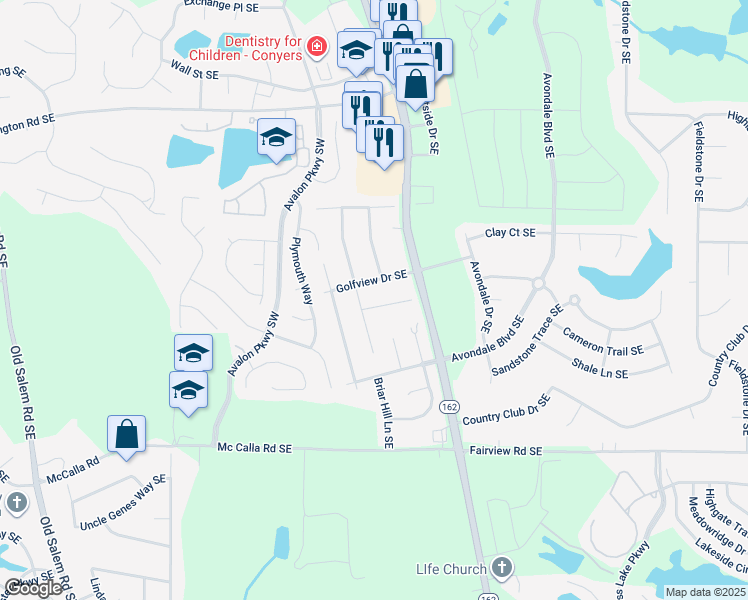 map of restaurants, bars, coffee shops, grocery stores, and more near 2126 Fieldstone View Court Southeast in Conyers