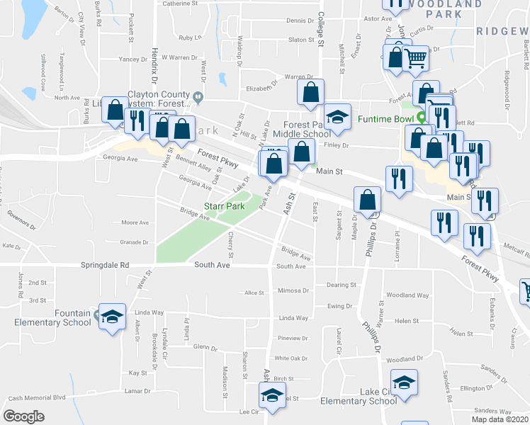 map of restaurants, bars, coffee shops, grocery stores, and more near 5014 Park Avenue in Forest Park