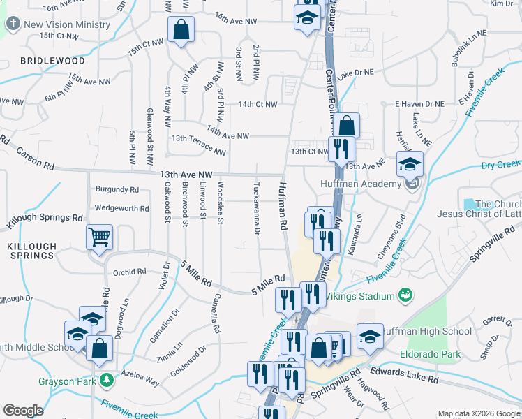 map of restaurants, bars, coffee shops, grocery stores, and more near 1255 Tuckawanna Drive in Center Point