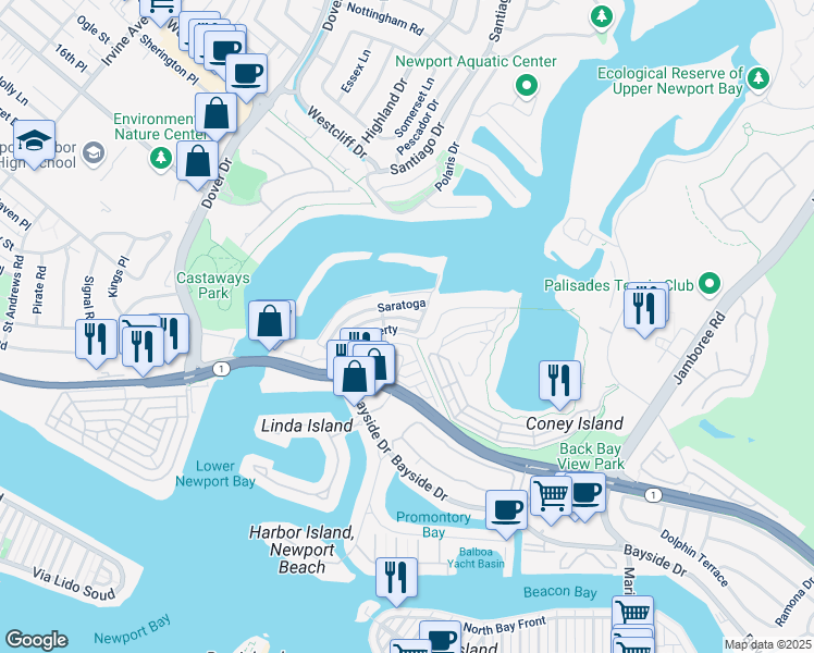 map of restaurants, bars, coffee shops, grocery stores, and more near 142 Liberty in Newport Beach