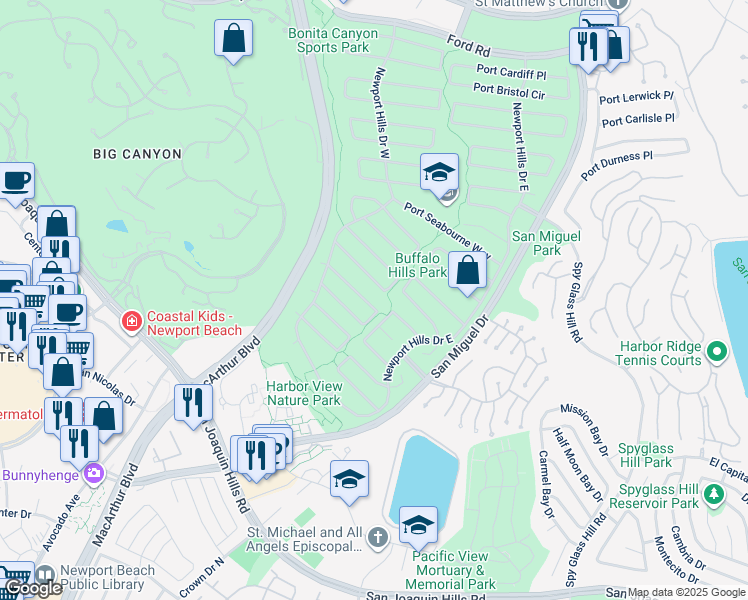 map of restaurants, bars, coffee shops, grocery stores, and more near 1866 Port Carlow Place in Newport Beach