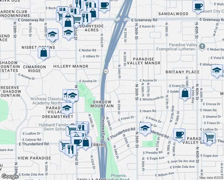 map of restaurants, bars, coffee shops, grocery stores, and more near 14422 N 35th St in Phoenix
