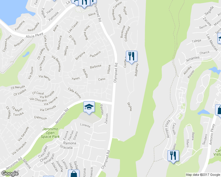 map of restaurants, bars, coffee shops, grocery stores, and more near 23714 Villena in Mission Viejo