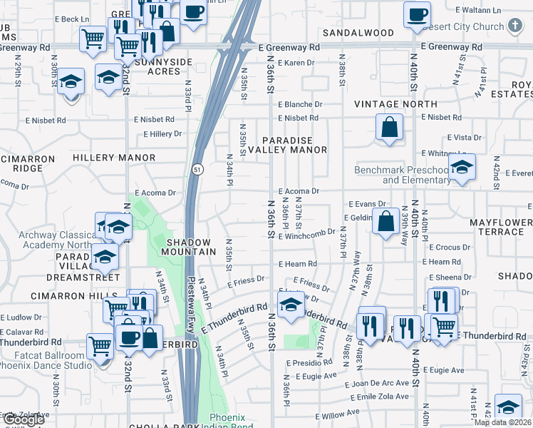 map of restaurants, bars, coffee shops, grocery stores, and more near 14432 North 36th Street in Phoenix
