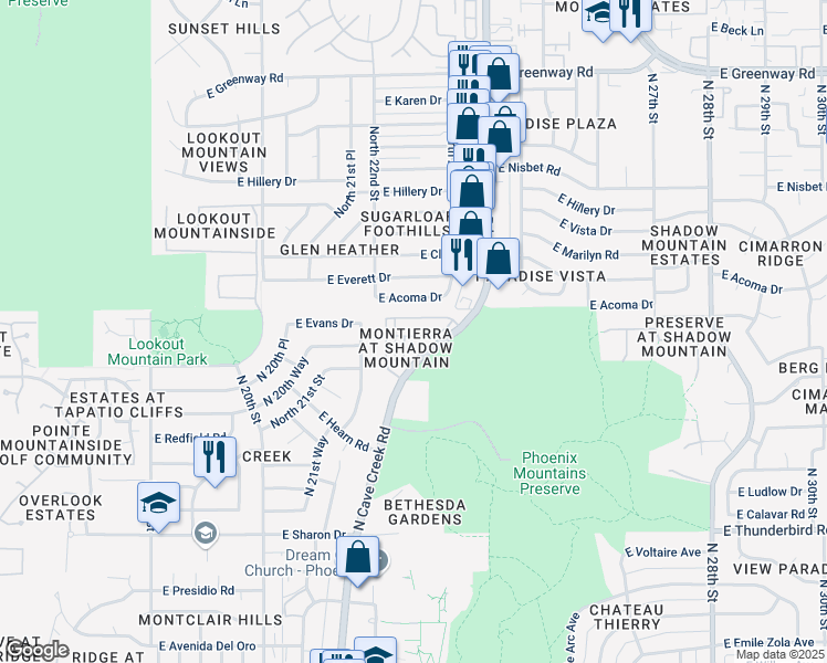 map of restaurants, bars, coffee shops, grocery stores, and more near 2334 East Gelding Drive in Phoenix