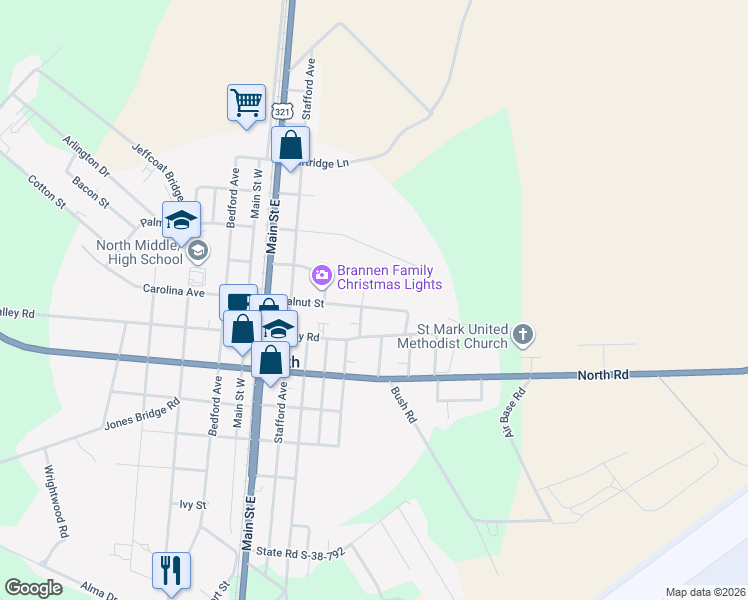 map of restaurants, bars, coffee shops, grocery stores, and more near 224 Walnut Street in North