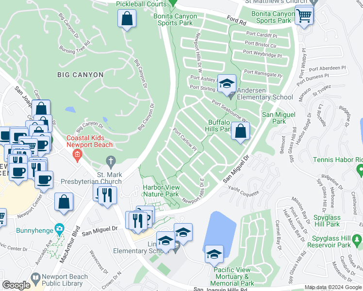 map of restaurants, bars, coffee shops, grocery stores, and more near 1830 Port Renwick Place in Newport Beach