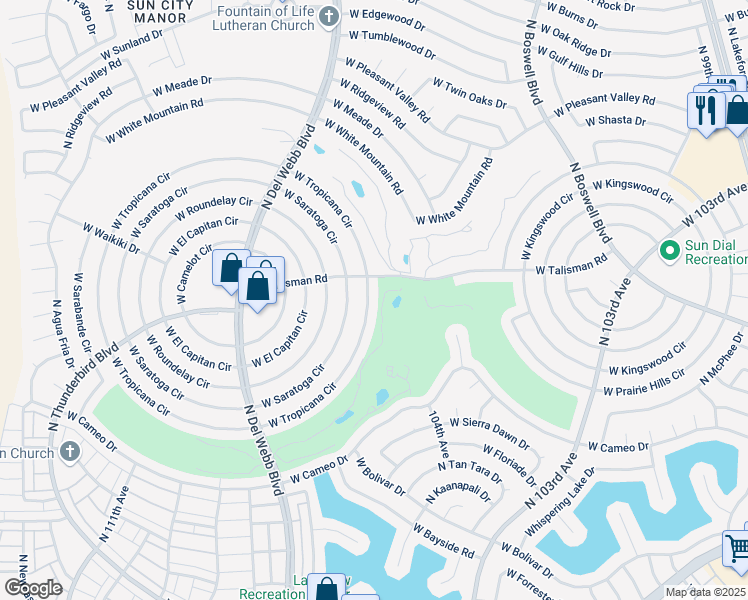 map of restaurants, bars, coffee shops, grocery stores, and more near 10536 West Tropicana Circle in Sun City