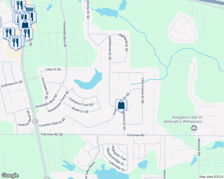 map of restaurants, bars, coffee shops, grocery stores, and more near 2700 Fieldstone Drive in Conyers
