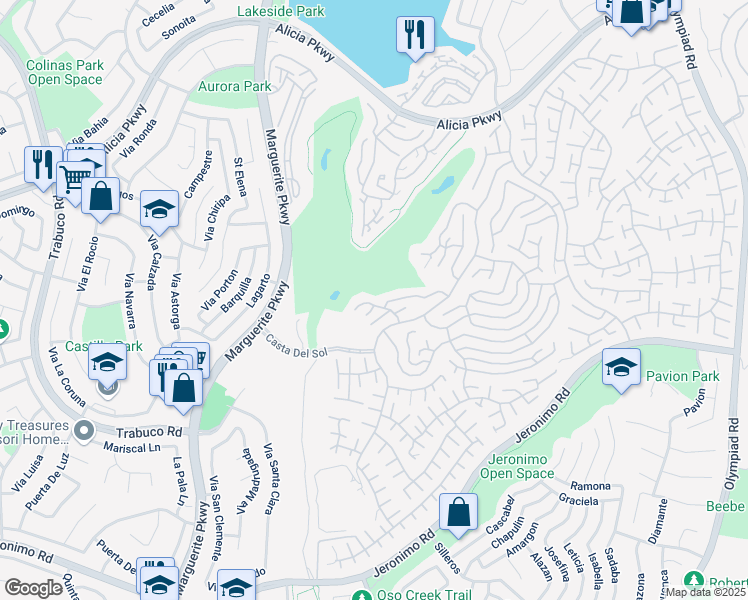 map of restaurants, bars, coffee shops, grocery stores, and more near 27751 Via Alberti in Mission Viejo