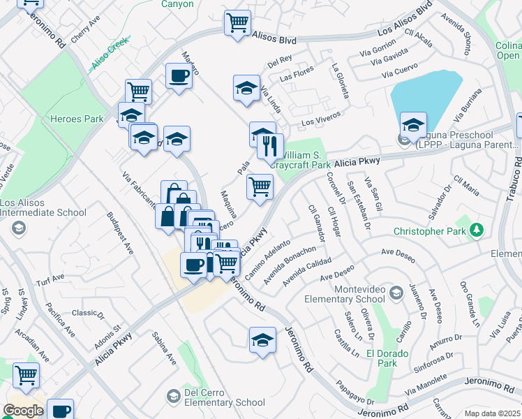 map of restaurants, bars, coffee shops, grocery stores, and more near 26034 Acero in Mission Viejo