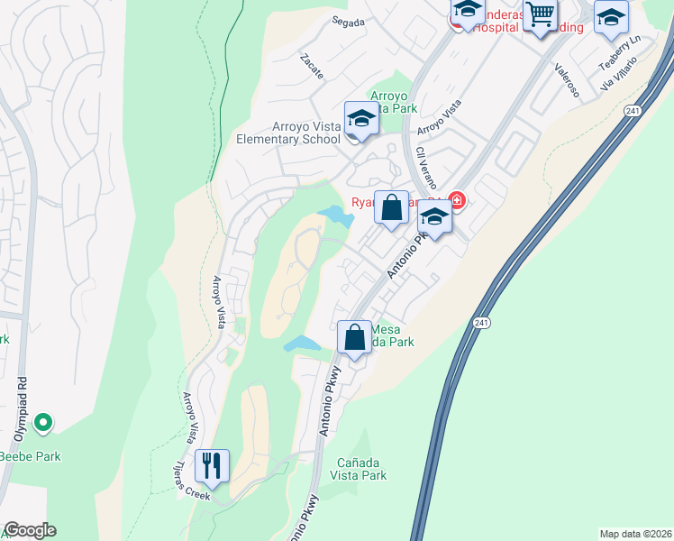 map of restaurants, bars, coffee shops, grocery stores, and more near 43 Encantado Canyon in Rancho Santa Margarita