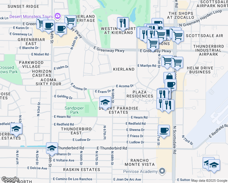 map of restaurants, bars, coffee shops, grocery stores, and more near 6800 East Evans Drive in Scottsdale