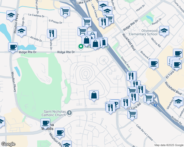 map of restaurants, bars, coffee shops, grocery stores, and more near 2269 Via Puerta in Laguna Woods