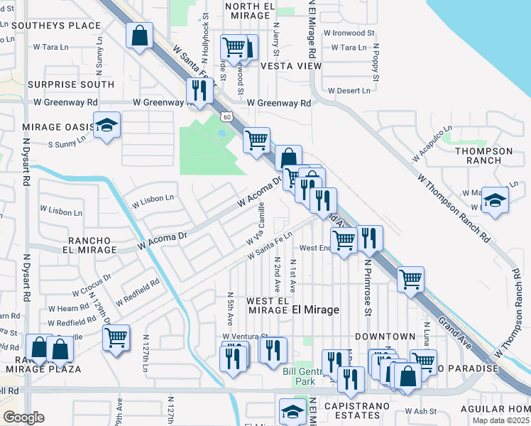 map of restaurants, bars, coffee shops, grocery stores, and more near 12417 West Via Camille in El Mirage