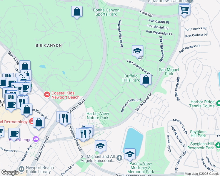 map of restaurants, bars, coffee shops, grocery stores, and more near 1830 Port Renwick Place in Newport Beach